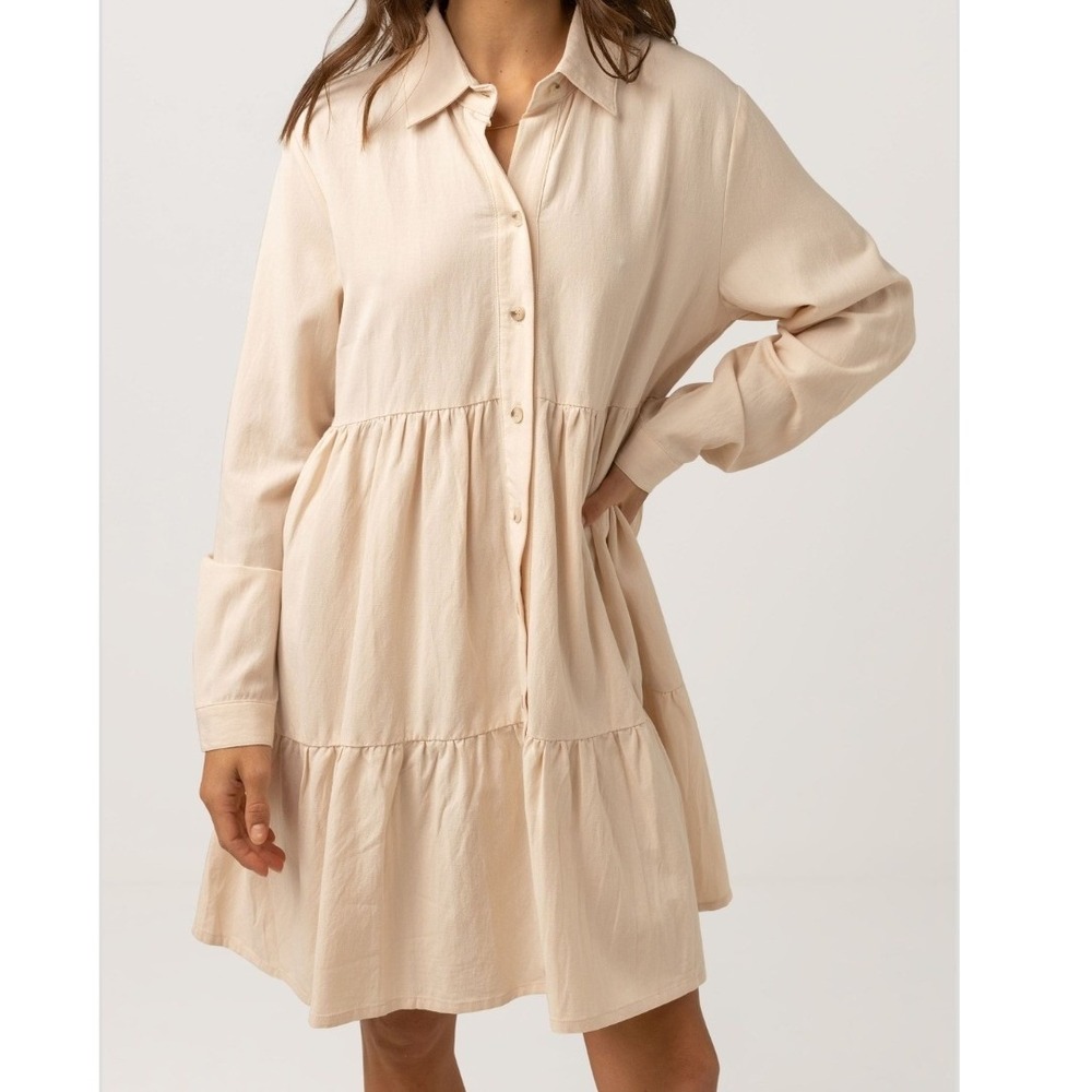 Rhythm Paradise Tiered Mini Dress Sand Beige Ramie Rayon Shirt Dress XL